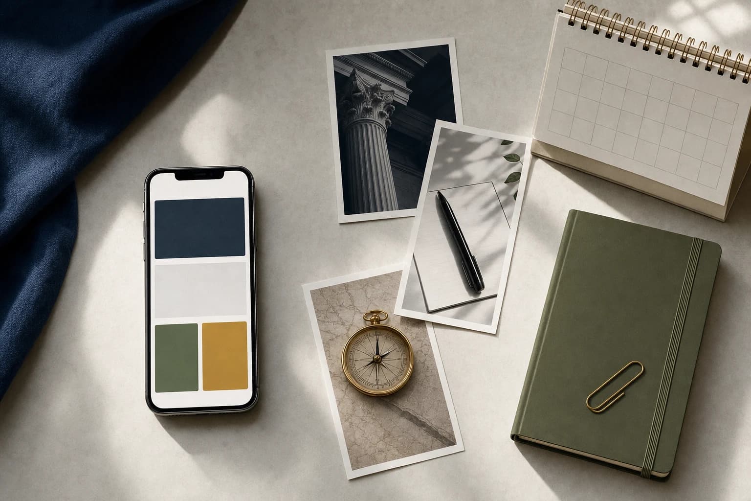 An overhead still life of a phone, printed content cards, a notebook, and a calendar